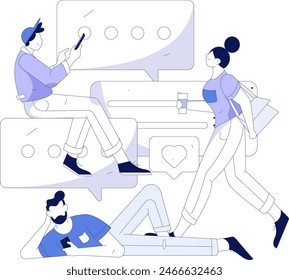 Virtual characters social communication concept business flat vector hand drawn illustration
