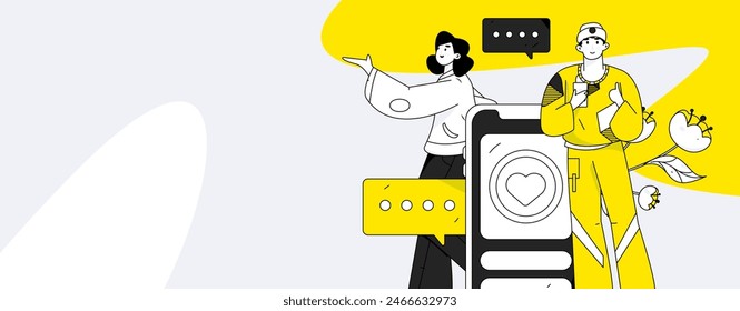 Virtual characters social communication concept business flat vector hand drawn illustration
