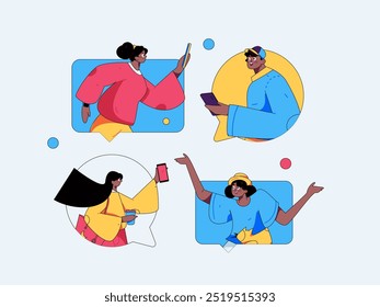 Virtual characters social communication concept business flat vector hand drawn illustration
