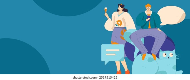 Virtual characters social communication concept business flat vector hand drawn illustration
