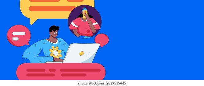 Virtual characters social communication concept business flat vector hand drawn illustration
