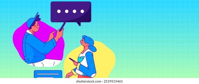 Concepto de comunicación social de personajes virtuales ilustración de Vector plano de negocios dibujado a mano
