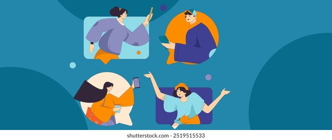 Virtual characters social communication concept business flat vector hand drawn illustration
