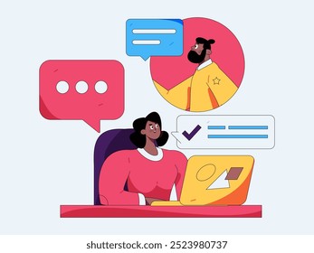 Concepto de comunicación social de personajes virtuales ilustración de Vector plano de negocios dibujado a mano
