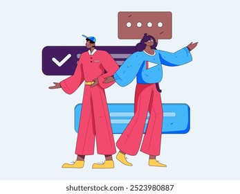 Concepto de comunicación social de personajes virtuales ilustración de Vector plano de negocios dibujado a mano
