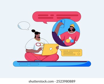 Concepto de comunicación social de personajes virtuales ilustración de Vector plano de negocios dibujado a mano

