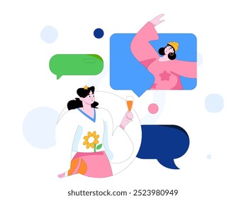Virtual characters social communication concept business flat vector hand drawn illustration
