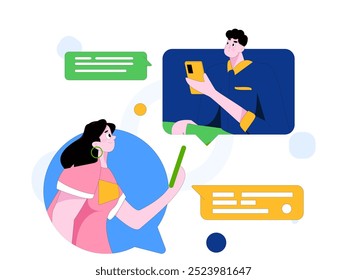 Concepto de comunicación social de personajes virtuales ilustración de Vector plano de negocios dibujado a mano
