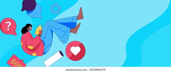 Concepto de comunicación social de personajes virtuales ilustración de Vector plano de negocios dibujado a mano
