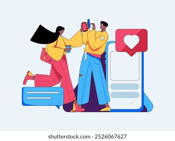 Concepto de comunicación social de personajes virtuales ilustración de Vector plano de negocios dibujado a mano
