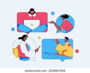 Virtual characters social communication concept business flat vector hand drawn illustration
