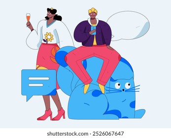 Concepto de comunicación social de personajes virtuales ilustración de Vector plano de negocios dibujado a mano
