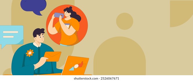 Concepto de comunicación social de personajes virtuales ilustración de Vector plano de negocios dibujado a mano
