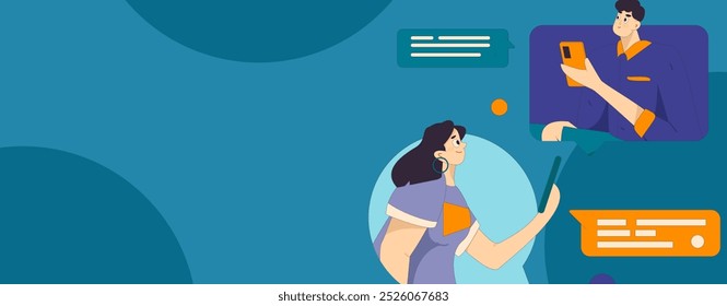 Virtual characters social communication concept business flat vector hand drawn illustration
