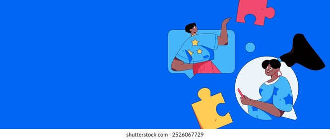 Virtual characters social communication concept business flat vector hand drawn illustration

