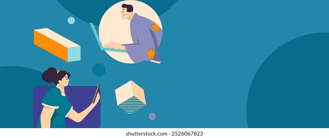 Concepto de comunicación social de personajes virtuales ilustración de Vector plano de negocios dibujado a mano
