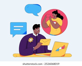 Virtual characters social communication concept business flat vector hand drawn illustration
