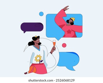 Concepto de comunicación social de personajes virtuales ilustración de Vector plano de negocios dibujado a mano
