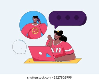 Concepto de comunicación social de personajes virtuales ilustración de Vector plano de negocios dibujado a mano

