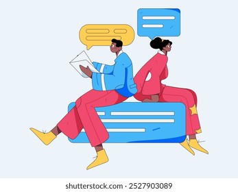 Concepto de comunicación social de personajes virtuales ilustración de Vector plano de negocios dibujado a mano

