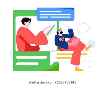 Concepto de comunicación social de personajes virtuales ilustración de Vector plano de negocios dibujado a mano

