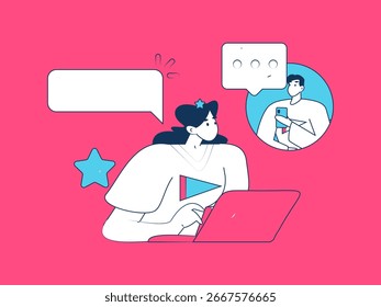Concepto de comunicación social de personajes virtuales ilustración de Vector plano de negocios dibujado a mano
