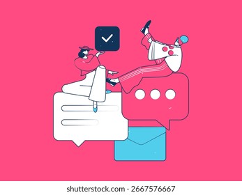 Virtual characters social communication concept business flat vector hand drawn illustration

