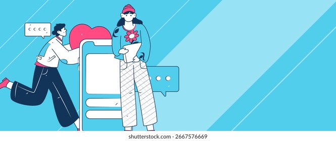 Concepto de comunicación social de personajes virtuales ilustración de Vector plano de negocios dibujado a mano
