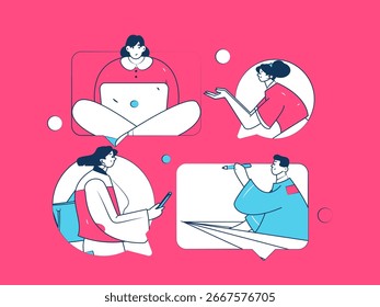 Concepto de comunicación social de personajes virtuales ilustración de Vector plano de negocios dibujado a mano
