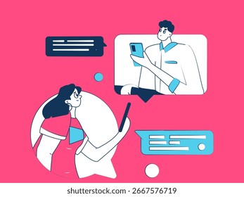Concepto de comunicación social de personajes virtuales ilustración de Vector plano de negocios dibujado a mano
