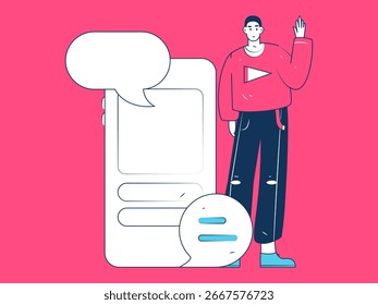 Concepto de comunicación social de personajes virtuales ilustración de Vector plano de negocios dibujado a mano
