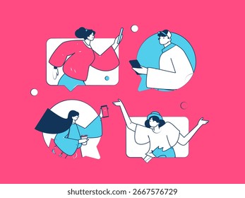 Concepto de comunicación social de personajes virtuales ilustración de Vector plano de negocios dibujado a mano
