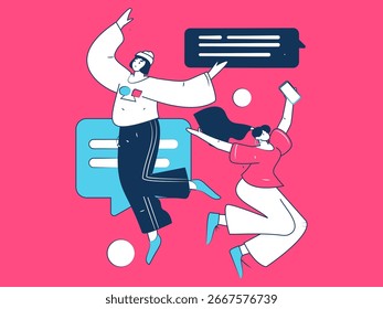 Concepto de comunicación social de personajes virtuales ilustración de Vector plano de negocios dibujado a mano
