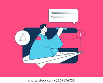 Concepto de comunicación social de personajes virtuales ilustración de Vector plano de negocios dibujado a mano
