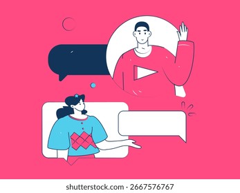 Concepto de comunicación social de personajes virtuales ilustración de Vector plano de negocios dibujado a mano
