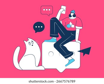 Concepto de comunicación social de personajes virtuales ilustración de Vector plano de negocios dibujado a mano
