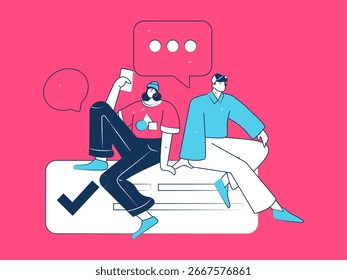 Concepto de comunicación social de personajes virtuales ilustración de Vector plano de negocios dibujado a mano

