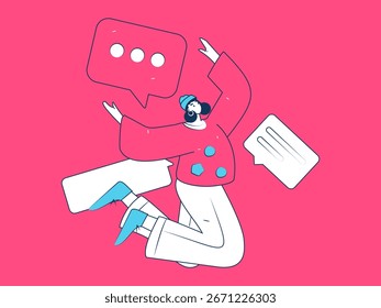 Concepto de comunicación social de personajes virtuales ilustración de Vector plano de negocios dibujado a mano
