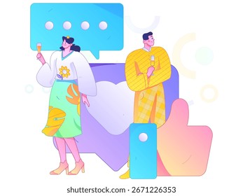 Concepto de comunicación social de personajes virtuales ilustración de Vector plano de negocios dibujado a mano
