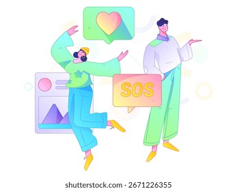 Concepto de comunicación social de personajes virtuales ilustración de Vector plano de negocios dibujado a mano
