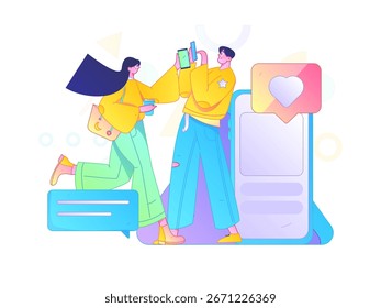 Concepto de comunicación social de personajes virtuales ilustración de Vector plano de negocios dibujado a mano
