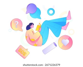 Concepto de comunicación social de personajes virtuales ilustración de Vector plano de negocios dibujado a mano
