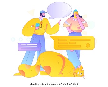 Concepto de comunicación social de personajes virtuales ilustración de Vector plano de negocios dibujado a mano

