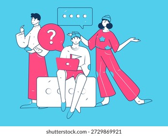 Concepto de comunicación social de personajes virtuales Vector plano de negocios ilustración dibujada a mano
