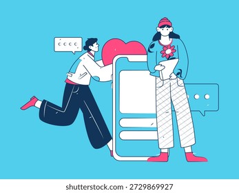 Virtual characters social communication concept business flat vector hand drawn illustration
