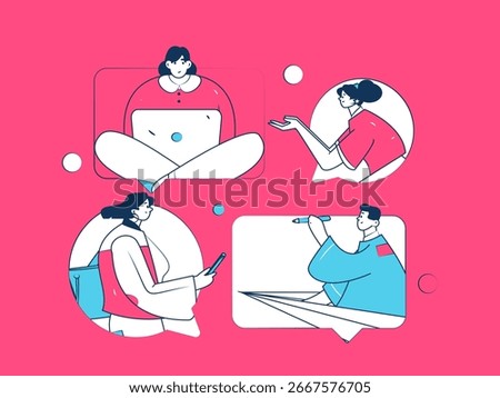 Virtual characters social communication concept business flat vector hand drawn illustration

