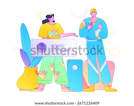 Virtual characters social communication concept business flat vector hand drawn illustration
