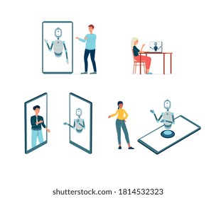 Virtual chat bot elements set with cartoon characters of people and robot android, flat vector illustration isolated on white background. Assistance of website or app.