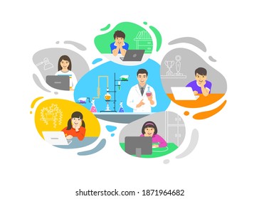 Virtual Chemistry Class Online School Distance Learning Teleconference. Kids Stay Home Watching Asian Man Teacher Video Lesson By Computer. Remote Education During Coronavirus Pandemic.