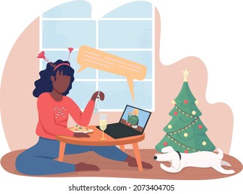 Virtual Christmas Dinner 2D Vector Isolated Illustration. Girl On Video Call With Friend Flat Characters On Cartoon Background. Social Distancing On Festive Holidays Colourful Scene